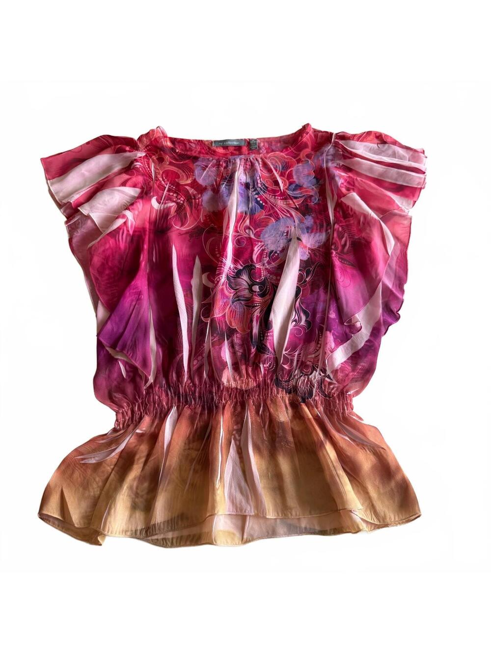 NY Collection Pink Abstract Floral Chiffon Flutter Sleeve Blouse Sz M Boho Fairy